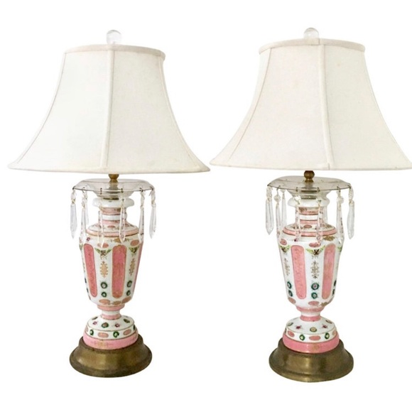 Antique pair of French continental handpainted gilt porcelain and Crystal lamps - Picture 1 of 6
